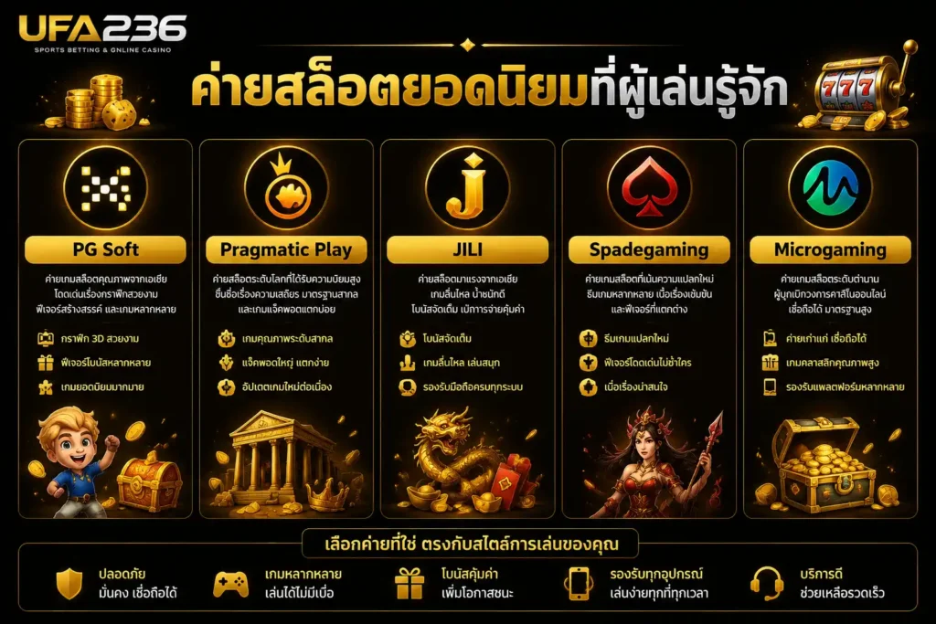 อินโฟกราฟิกแนะนำค่ายเกมสล็อตยอดนิยม ได้แก่ PG Soft, Pragmatic Play, JILI, Spadegaming และ Microgaming พร้อมไอคอนแทนโลโก้ เพื่ออธิบายจุดเด่นของแต่ละค่ายเกมในโทนภาพสีดำทอง เหมาะสำหรับบทความเกี่ยวกับเกมสล็อตออนไลน์