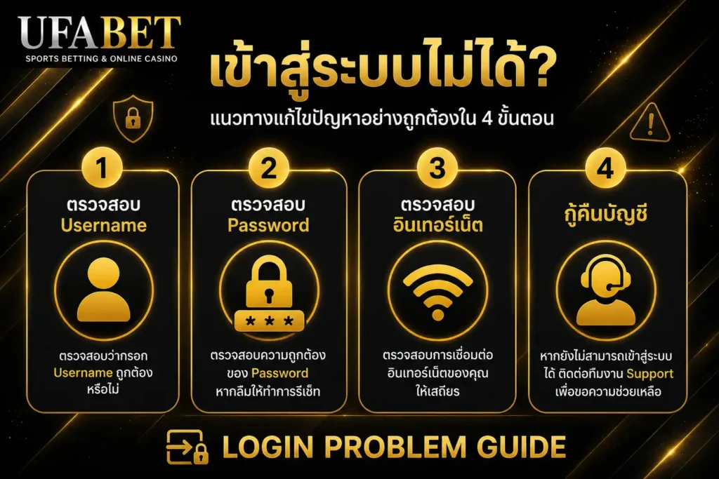 คู่มือแก้ปัญหาเข้าสู่ระบบ UFABET ไม่ได้ อธิบายวิธีตรวจสอบ Username Password การเชื่อมต่ออินเทอร์เน็ต และการกู้คืนบัญชีผู้ใช้งาน