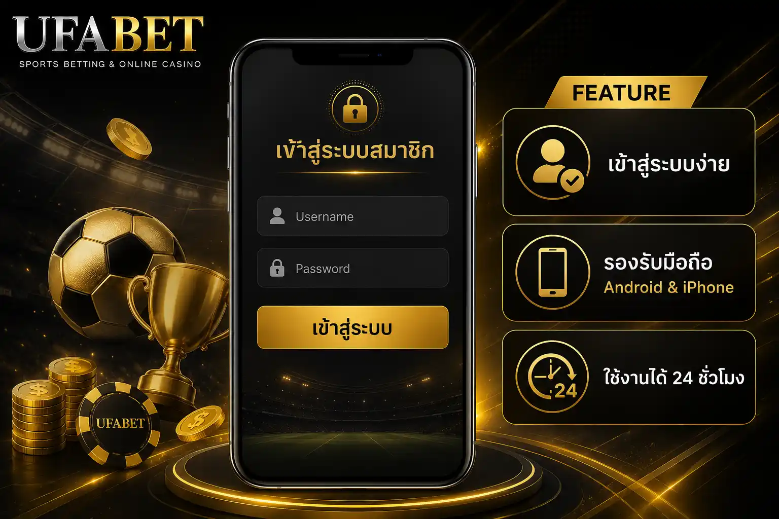 หน้าเข้าสู่ระบบสมาชิก UFABET รองรับ Android และ iPhone พร้อมระบบล็อกอินใช้งานง่าย รองรับการเข้าใช้งานตลอด 24 ชั่วโมง