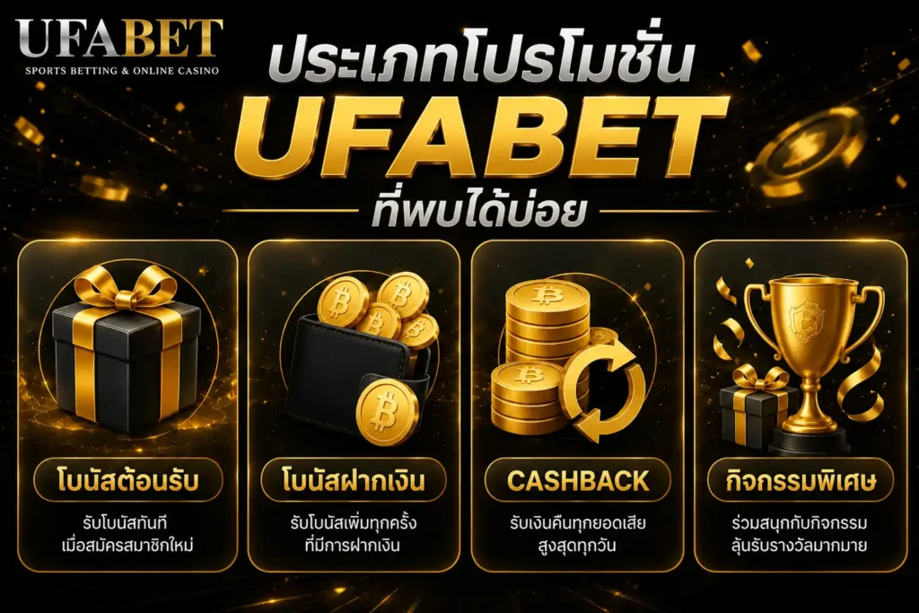 ประเภทโปรโมชั่น UFABET ที่พบบ่อย รวมโบนัสต้อนรับ โบนัสฝากเงิน Cashback และกิจกรรมพิเศษสำหรับสมาชิก พร้อมสิทธิประโยชน์และรางวัลมากมาย