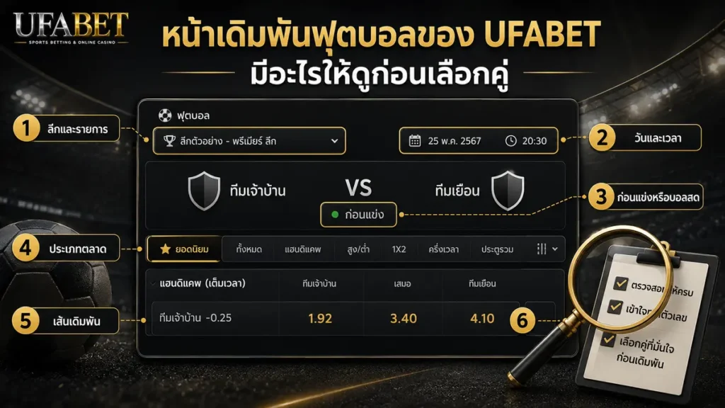 ส่วนประกอบหน้าเดิมพันฟุตบอล UFABET แสดงลีก เวลาแข่งขัน ตลาดเดิมพัน ราคา และ Betslip