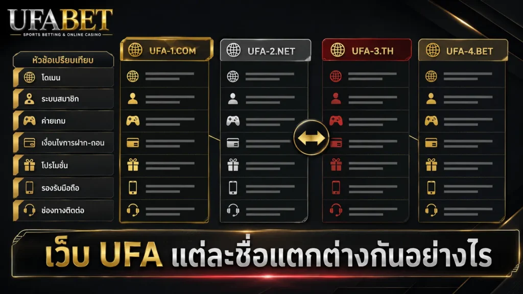 เปรียบเทียบความแตกต่างของเว็บ UFA แต่ละชื่อด้านโดเมน ระบบสมาชิก ค่ายเกม ฝากถอน โปรโมชั่น มือถือ และช่องทางติดต่อ